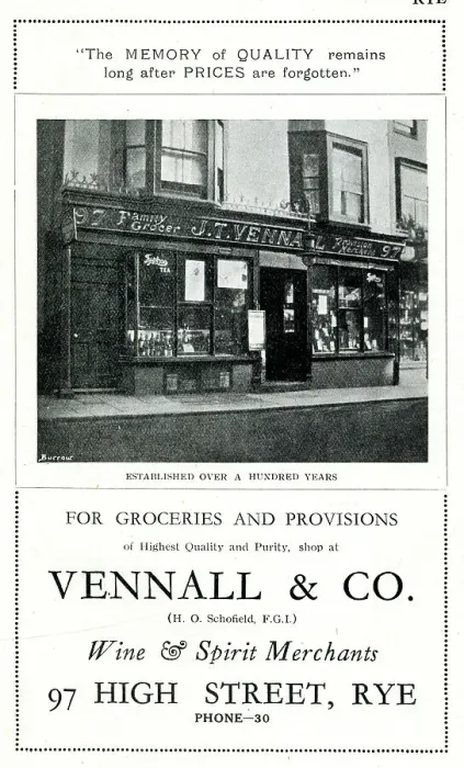 Framed Print : Advert for Vennall & Co, Grocers, High Street, Rye Framed Print : Advert for Vennall & Co, Grocers, High Street, Rye