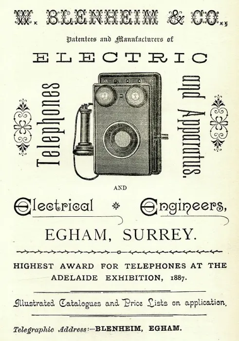 Framed Print : Advert, W Blenheim & Co, electrical engineers, Egham, Surrey Framed Print : Advert, W Blenheim & Co, electrical engineers, Egham, Surrey