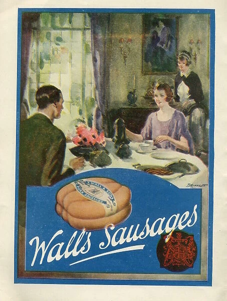 Advertisement for Walls Sausages depicting a young, married couple about to be served