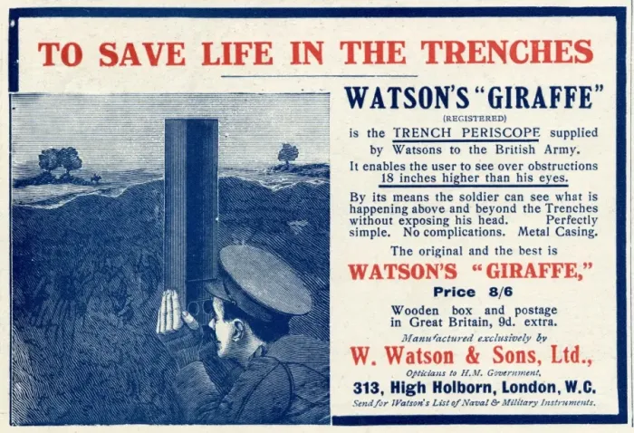 Framed Print : Advert for Watsons Giraffe trench periscope 1915 Framed Print : Advert for Watsons Giraffe trench periscope 1915