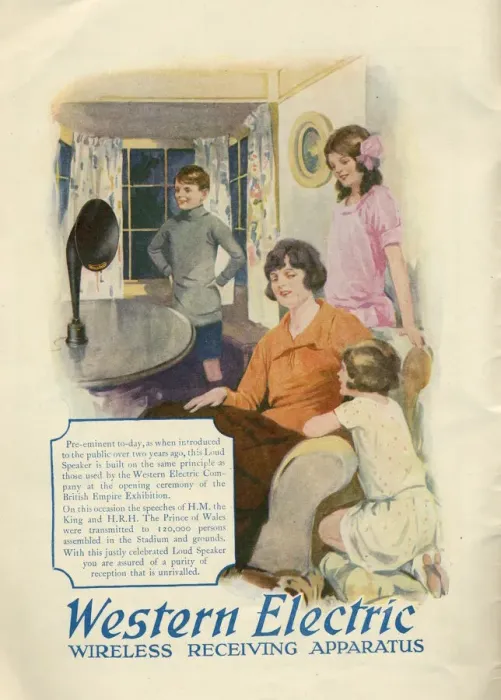 Framed Print : Advertisement for Western Electric wireless receiving apparatus showing a family Framed Print : Advertisement for Western Electric wireless receiving apparatus showing a family
