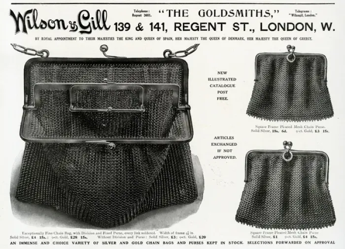 Framed Print : Advert for Wilson & Gill womens mesh chain bag & purse 1913 Framed Print : Advert for Wilson & Gill womens mesh chain bag & purse 1913
