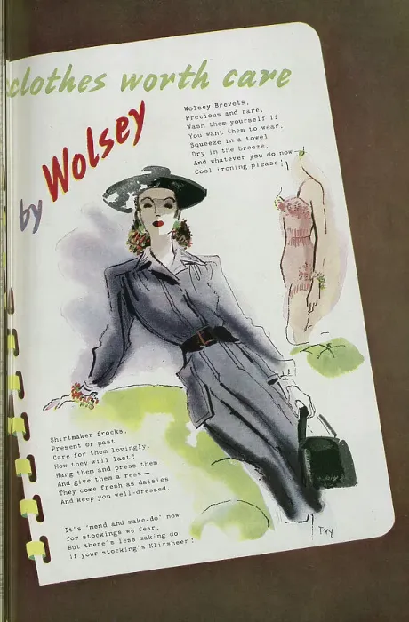 Framed Print : Advert for Wolsey Clothing, emphasing the durability of their garments in the mend and make-do era of World War II. Date: 1943 Framed Print : Advert for Wolsey Clothing, emphasing the durability of their garments in the mend and make-do era of World War II. Date: 1943