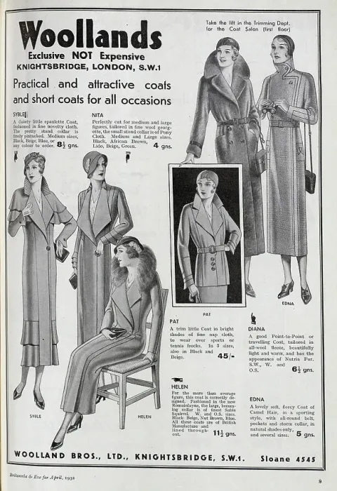 Framed Print : Advert for Woollands, illustrating their range of women's coats and short coats. Date: 1932 Framed Print : Advert for Woollands, illustrating their range of women's coats and short coats. Date: 1932