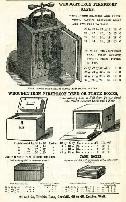 Framed Print : Advert, wrought-iron fireproof safes and deed boxes Framed Print : Advert, wrought-iron fireproof safes and deed boxes