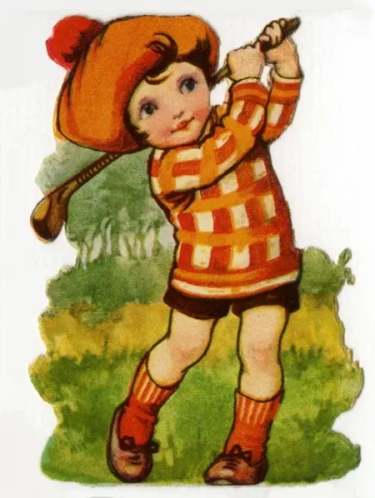 Framed Print : Golf. Artist: Ada Leonora Bowley. Boy in tam o shanter drives down the fairway Date Framed Print : Golf. Artist: Ada Leonora Bowley. Boy in tam o shanter drives down the fairway Date