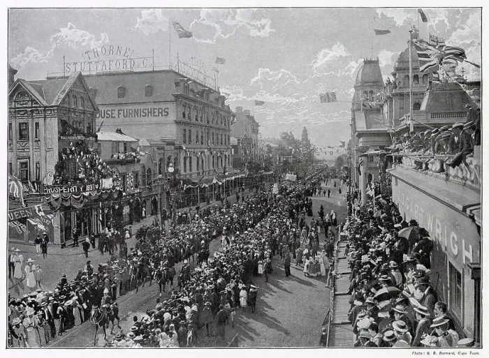 Framed Print : Adderley Street, crowds gather to watch thoroughfare going past, with British Union Jack flying proudly from the buildings. Date: 22nd June 1897 Framed Print : Adderley Street, crowds gather to watch thoroughfare going past, with British Union Jack flying proudly from the buildings. Date: 22nd June 1897