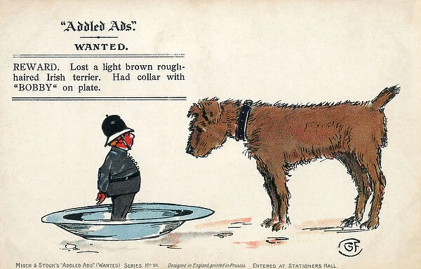 Addled Ads - Humorous postcard - Irish Terrier and Bobby