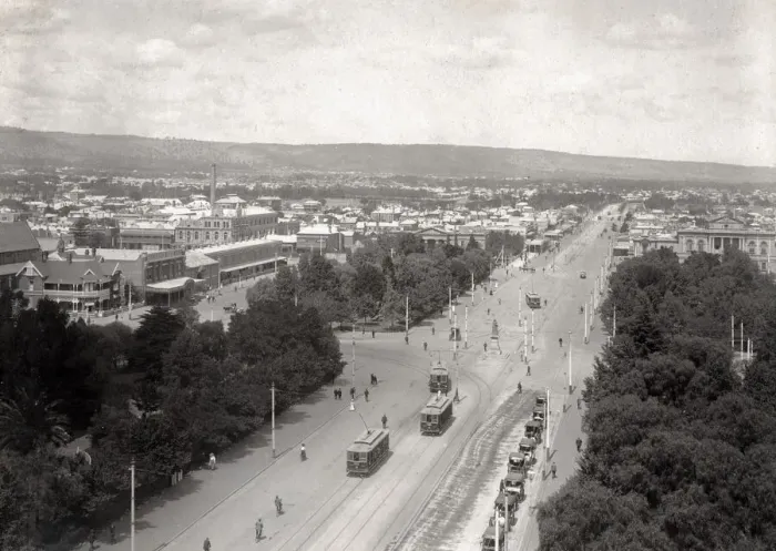 Framed Print : Adelaide Australia, c. 1900-1910 city from GPO tower, trams Framed Print : Adelaide Australia, c. 1900-1910 city from GPO tower, trams