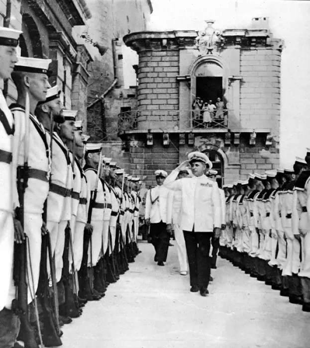 Framed Print : Admiral Dzara inspecting Royal Marines, Malta, Second World Framed Print : Admiral Dzara inspecting Royal Marines, Malta, Second World