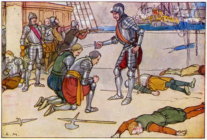 Framed Print : Admiral knighting brave soldiers - Spanish Armada Framed Print : Admiral knighting brave soldiers - Spanish Armada