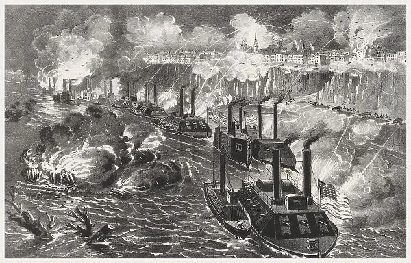 Admiral Porters fleet running the rebel blockade of the Mis