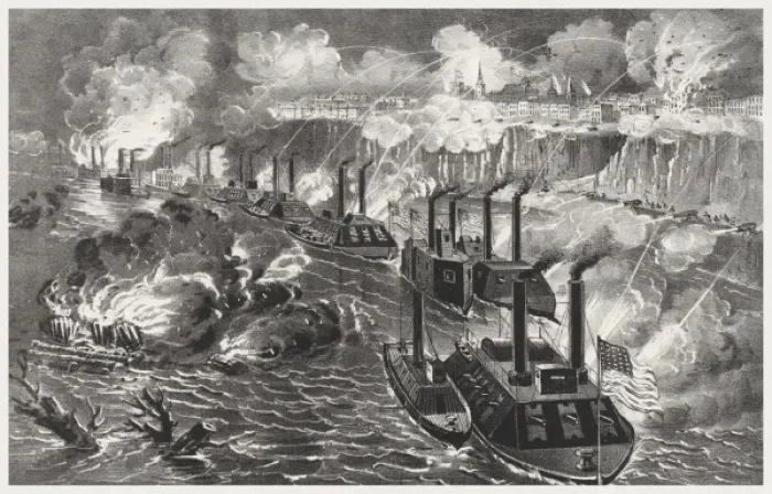 Framed Print : Admiral Porters fleet running the rebel blockade of the Mis Framed Print : Admiral Porters fleet running the rebel blockade of the Mis