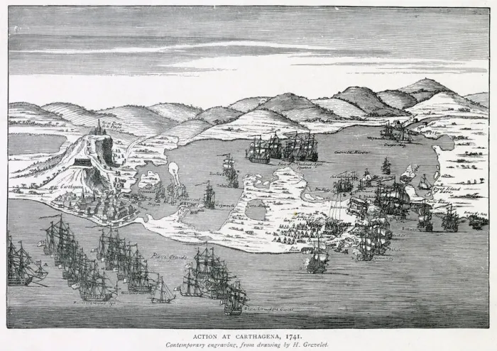 Framed Print : Admiral Vernon bombards Cartagena. Date: circa 1741 Framed Print : Admiral Vernon bombards Cartagena. Date: circa 1741