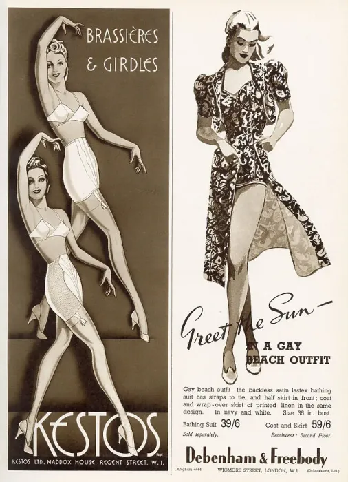 Framed Print : Two adverts from Kestos, brassieres and girdles and Debenham & Freebody beach outfit. Date: May 1940