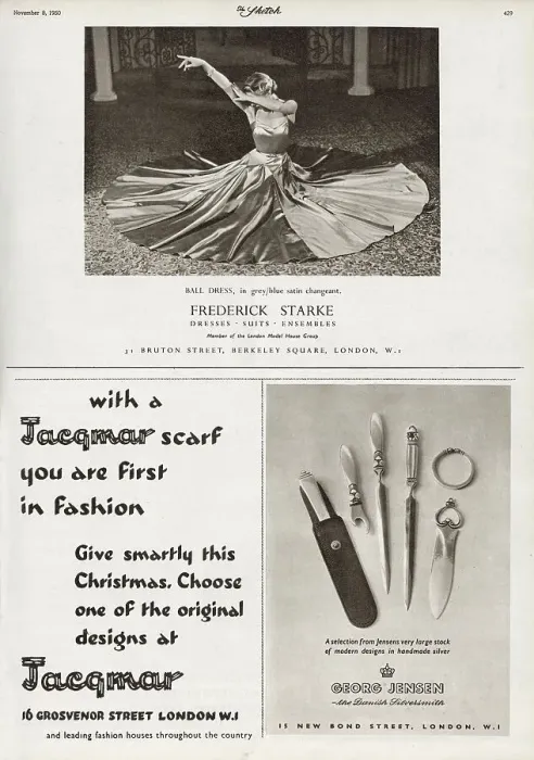 Framed Print : Advertisements - (top) Ball dress in grey / blue satin changeant by Frederick Starke, (bottom left) be the first in fashion with a Jacqmar scarf, (bottom right) Georg Jensen - modern designs in Danish handmade silver. Date: 1950 Framed Print : Advertisements - (top) Ball dress in grey / blue satin changeant by Frederick Starke, (bottom left) be the first in fashion with a Jacqmar scarf, (bottom right) Georg Jensen - modern designs in Danish handmade silver. Date: 1950