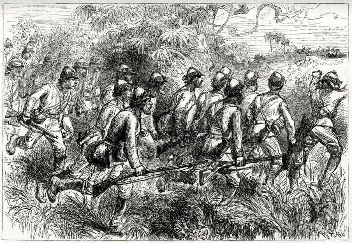 Framed Print : Advance of Highlanders, Battle of Amoaful, 31 January 1874 Framed Print : Advance of Highlanders, Battle of Amoaful, 31 January 1874