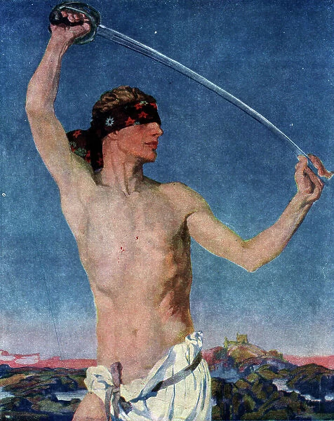 Adventure. Painting showing a blindfolded man wielding a sword overhead with one hand,