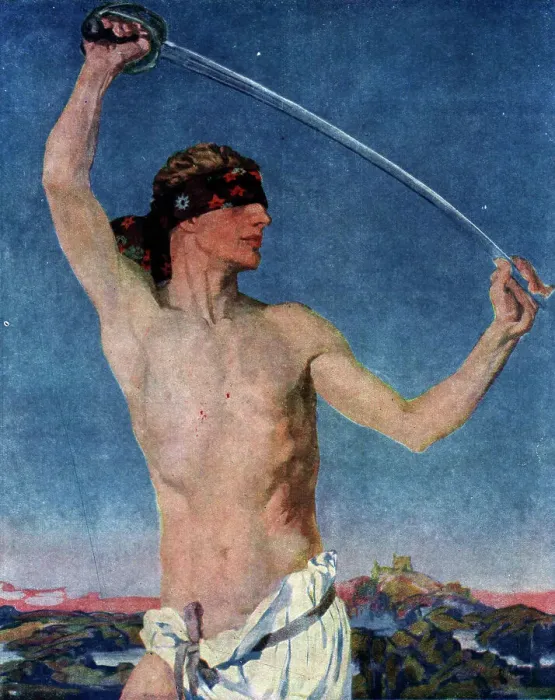 Framed Print : Adventure. Painting showing a blindfolded man wielding a sword overhead with one hand, Framed Print : Adventure. Painting showing a blindfolded man wielding a sword overhead with one hand,