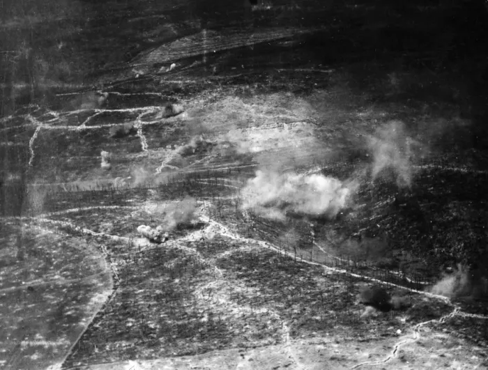 Framed Print : Aerial photograph of a battlefield, France, WW1 Framed Print : Aerial photograph of a battlefield, France, WW1