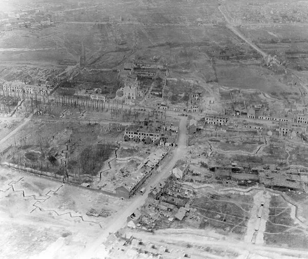 Aerial photograph of ruined suburbs, Arras, France, WW1