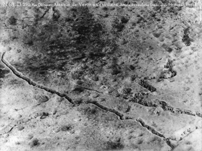 Framed Print : Aerial photograph of Vermandovillers, France, WW1 Framed Print : Aerial photograph of Vermandovillers, France, WW1