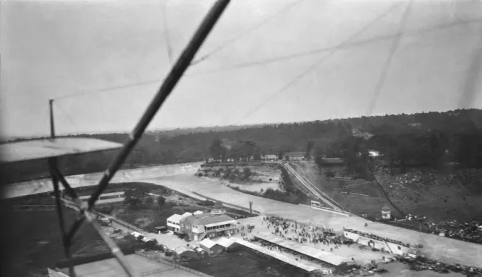 Framed Print : Aerial-View of Brroklands Clubhouse and Finishing Straig? Framed Print : Aerial-View of Brroklands Clubhouse and Finishing Straig?