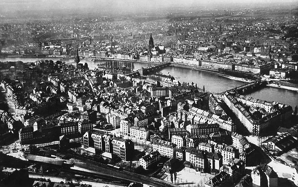 Aerial view of Frankfurt, Germany, from a Zeppelin