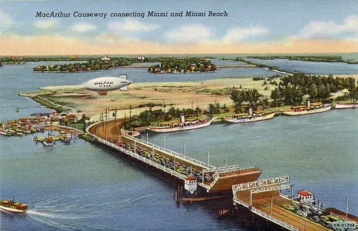 Framed Print : Aerial view of Macarthur Causeway, connecting Miami and Miami Beach, Florida, USA Date: 1941 Framed Print : Aerial view of Macarthur Causeway, connecting Miami and Miami Beach, Florida, USA Date: 1941