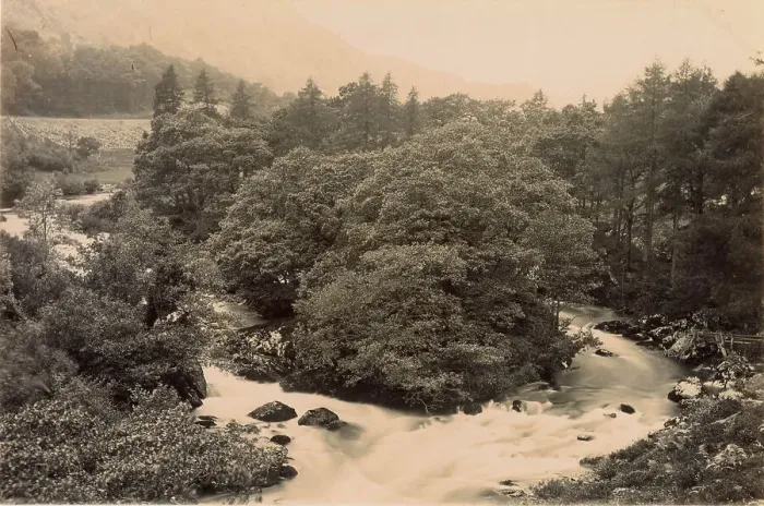 Framed Print : Aerial view with trees and river, North Wales Date: circa 1889 Framed Print : Aerial view with trees and river, North Wales Date: circa 1889