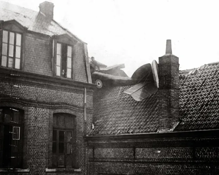 Framed Print : Aeroplane which landed on a house, France, WW1 Framed Print : Aeroplane which landed on a house, France, WW1