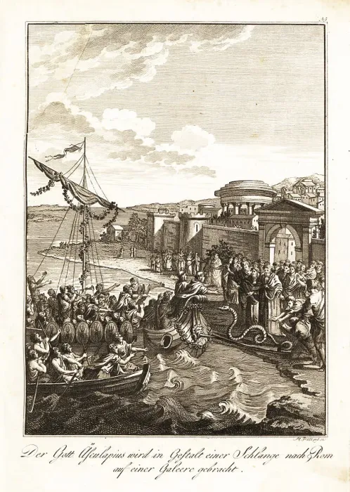 Framed Print : Aesculapius brought to Rome in the form of a serpent on a galley Framed Print : Aesculapius brought to Rome in the form of a serpent on a galley