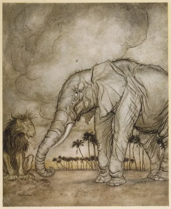 Framed Print : Aesop / Lion and Elephant Framed Print : Aesop / Lion and Elephant