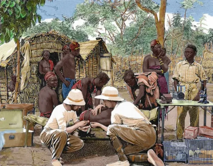 Framed Print : Africa. European doctors examining a native attacked by slee Framed Print : Africa. European doctors examining a native attacked by slee
