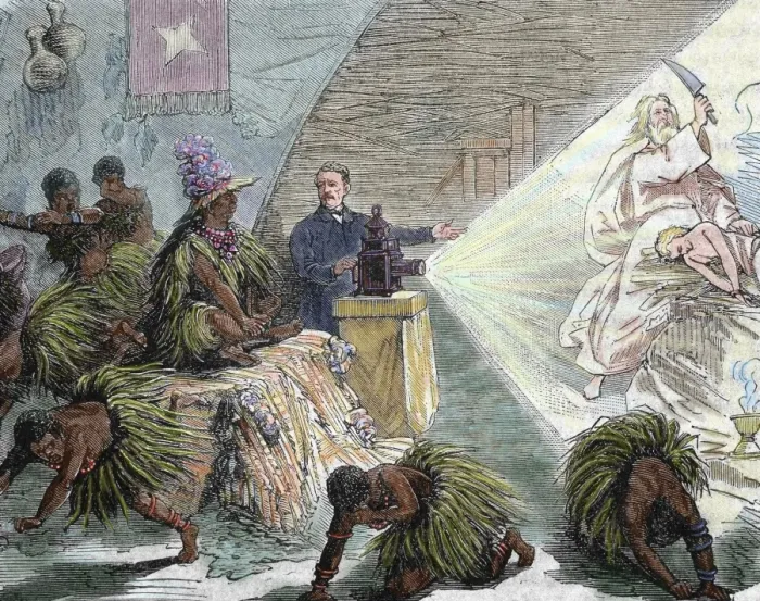 Framed Print : Africa. European settler instructing the natives by Magic L Framed Print : Africa. European settler instructing the natives by Magic L