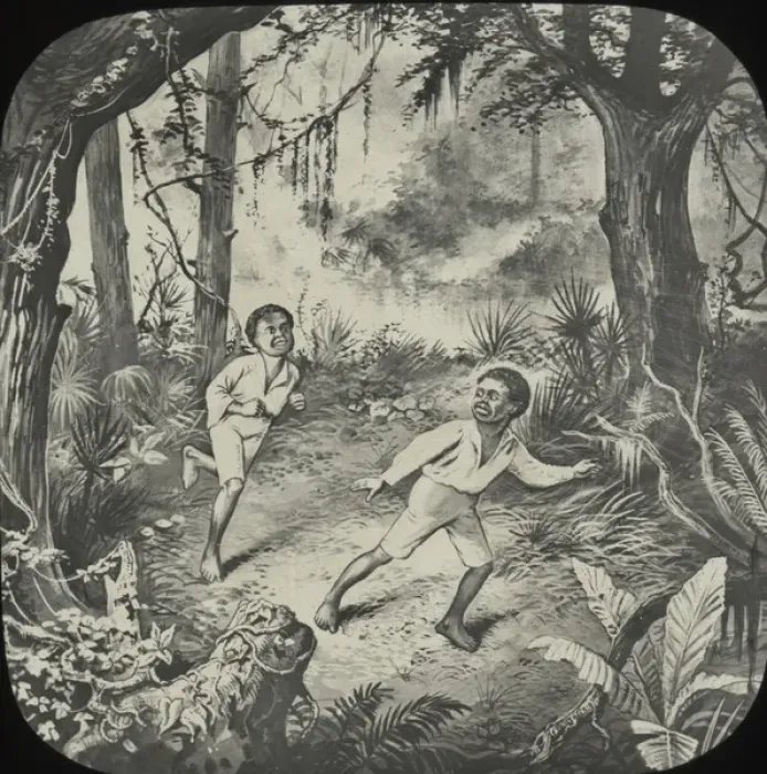 Framed Print : Two African-American boys run through a wood Framed Print : Two African-American boys run through a wood