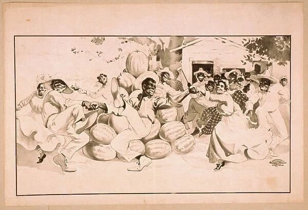 African Americans dancing around a pile of watermelons