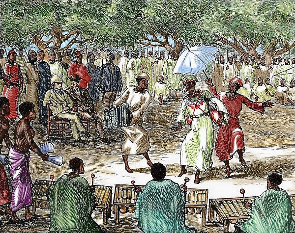 African colonialism. Explorers attending a party in his hono
