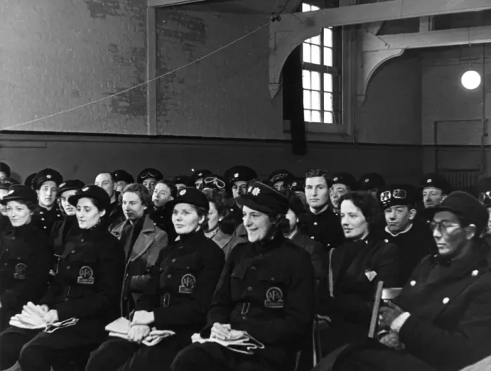 Framed Print : AFS despatch riders at lecture, London, WW2 Framed Print : AFS despatch riders at lecture, London, WW2