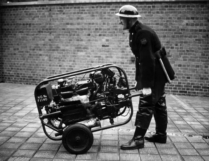 Framed Print : AFS worker with emergency appliance, WW2 Framed Print : AFS worker with emergency appliance, WW2