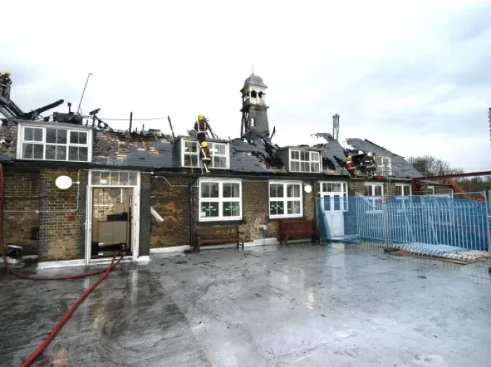 Framed Print : The aftermath of a fire at a school, Bermondsey Framed Print : The aftermath of a fire at a school, Bermondsey