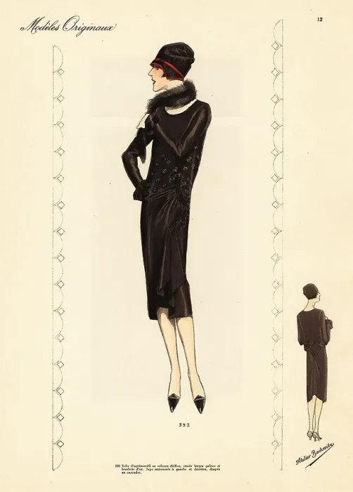 Framed Print : Afternoon dress in black velvet chiffon adorned with galloons an