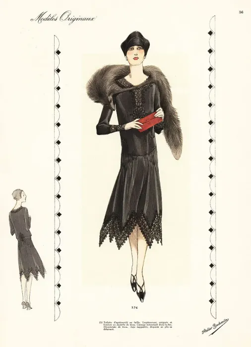 Framed Print : Afternoon robe in black faille, black lace trim, fox fur stole Framed Print : Afternoon robe in black faille, black lace trim, fox fur stole