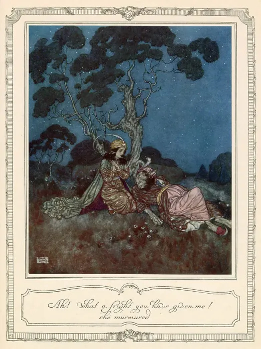 Framed Print : Ah! What a fright you have given me she murmured. Scene from Beauty and the Beast illustrated by Edmund Dulac. Date: 1911 Framed Print : Ah! What a fright you have given me she murmured. Scene from Beauty and the Beast illustrated by Edmund Dulac. Date: 1911