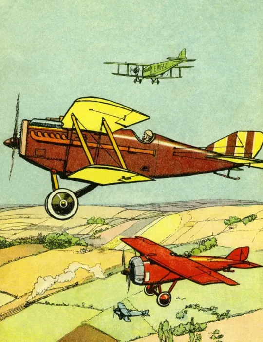 Framed Print : Air race. Biplanes and monoplanes in the air over the countryside. Date: circa 1915 Framed Print : Air race. Biplanes and monoplanes in the air over the countryside. Date: circa 1915