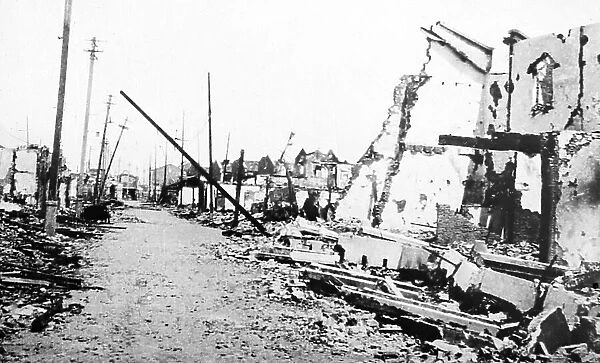 Air raid damage in Shanghai, China, probably 1937