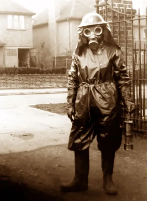 Framed Print : Air raid warden in gas mask Framed Print : Air raid warden in gas mask