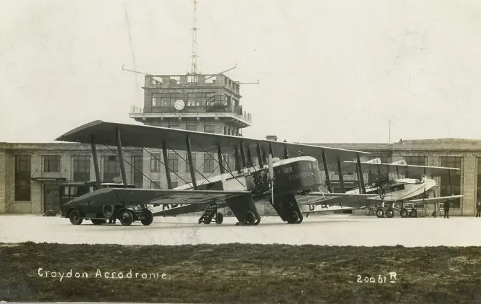 Framed Print : Aircraft and control tower, Croydon Aerodrome, Surrey Framed Print : Aircraft and control tower, Croydon Aerodrome, Surrey