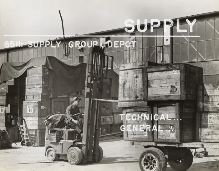 Framed Print : Airman Driving a Fork-Lift Truck with Wooden Crates Duri? Framed Print : Airman Driving a Fork-Lift Truck with Wooden Crates Duri?