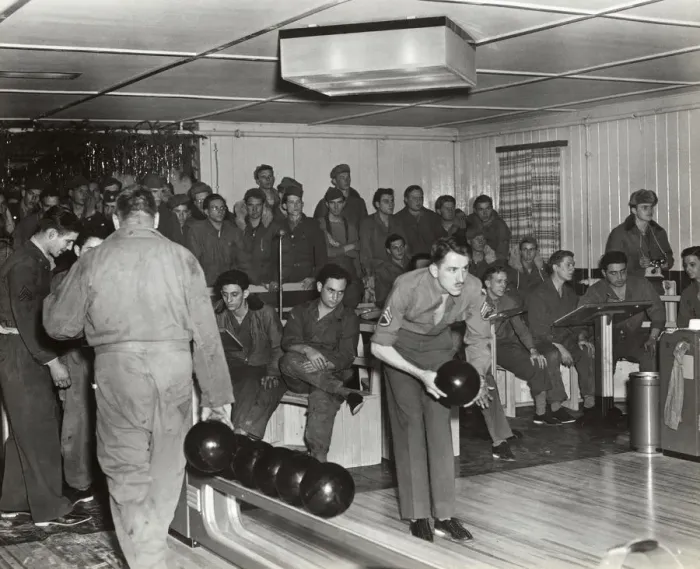 Framed Print : Airmen at the Bowling-Alley at the Headquarters of the U? Framed Print : Airmen at the Bowling-Alley at the Headquarters of the U?